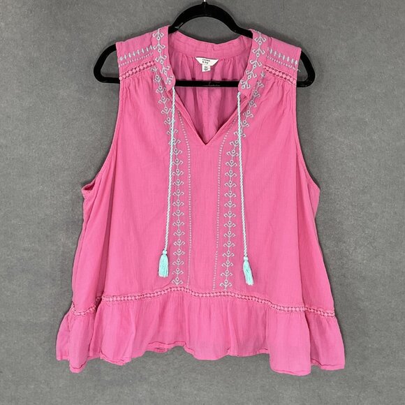 Crown Ivy Top Womens‎ 3X Pink Aqua Embroidery Gauzy Tassels Sleeveless Bohemian - Picture 1 of 8